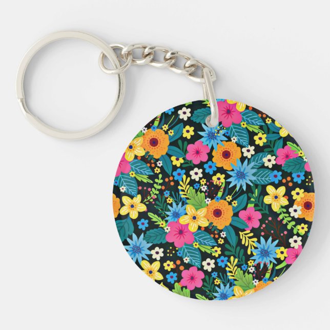 Vibrant Ditsy Flowers Floral Pattern-43785 Key Ring (Front)