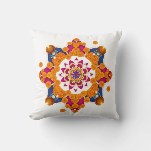 Vibrant Diwali Marigold Rangoli Pillow Cover (Front)