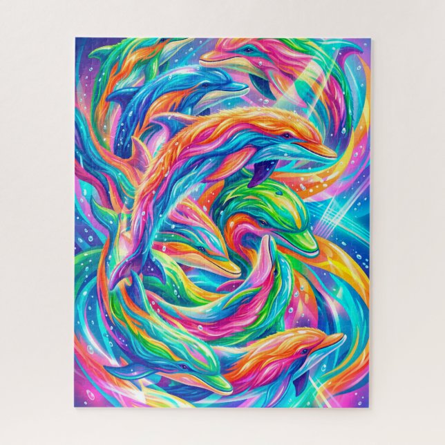 Vibrant Dolphin Dreamscape – Psychedelic Boho Jigsaw Puzzle (Vertical)