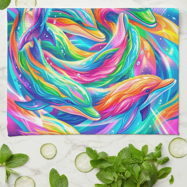 Vibrant Dolphin Dreamscape – Psychedelic Boho Tea Towel (Folded)