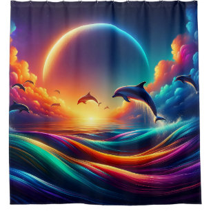“Vibrant Dolphin Fantasy - Surreal Ocean Art" Shower Curtain