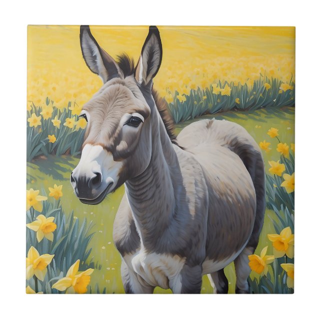 Vibrant Donkey And Yellow Daffodils Ceramic Tile (Front)
