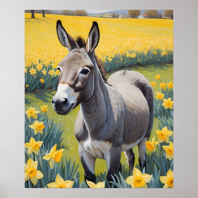 Vibrant Donkey And Yellow Daffodils Poster (Front)