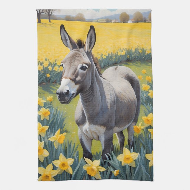 Vibrant Donkey And Yellow Daffodils Tea Towel (Vertical)