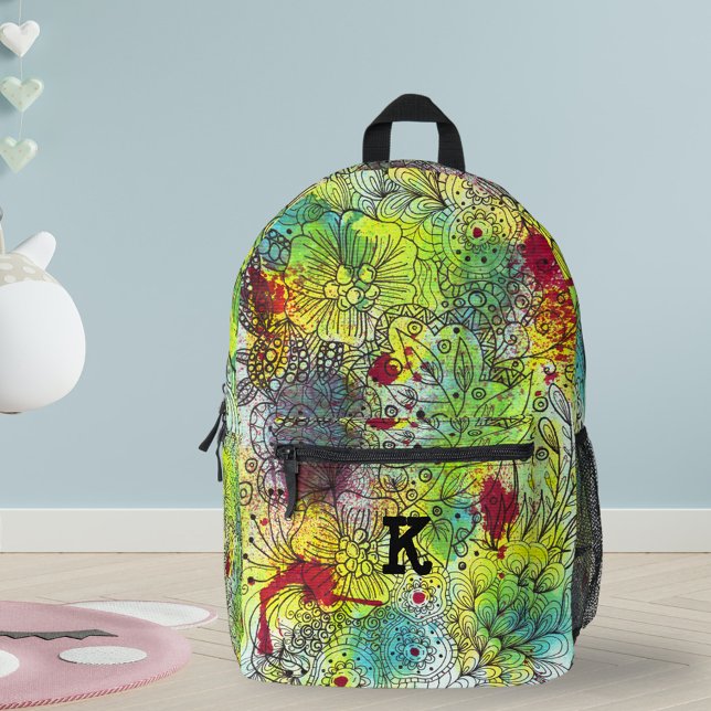 Vibrant Doodle Artwork with Personalised Initial Printed Backpack (Creator Uploaded)