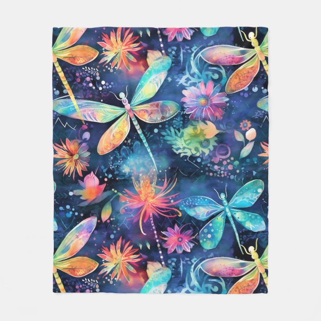 Vibrant dragonflies pattern fleece blanket (Front)