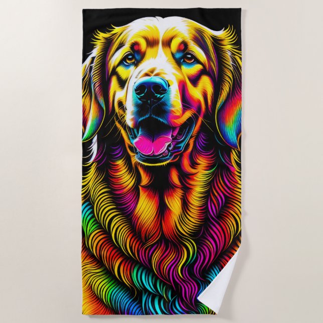 Vibrant Drawing of Golden Retriever Dog Beach Towel (Front)