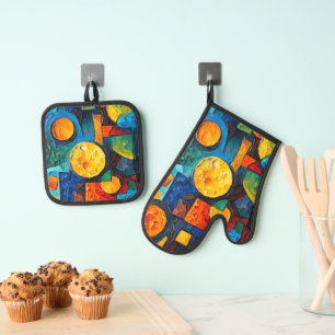 Vibrant Dreams Geometry – Bold Modern Abstract Art Oven Mitt & Pot Holder Set