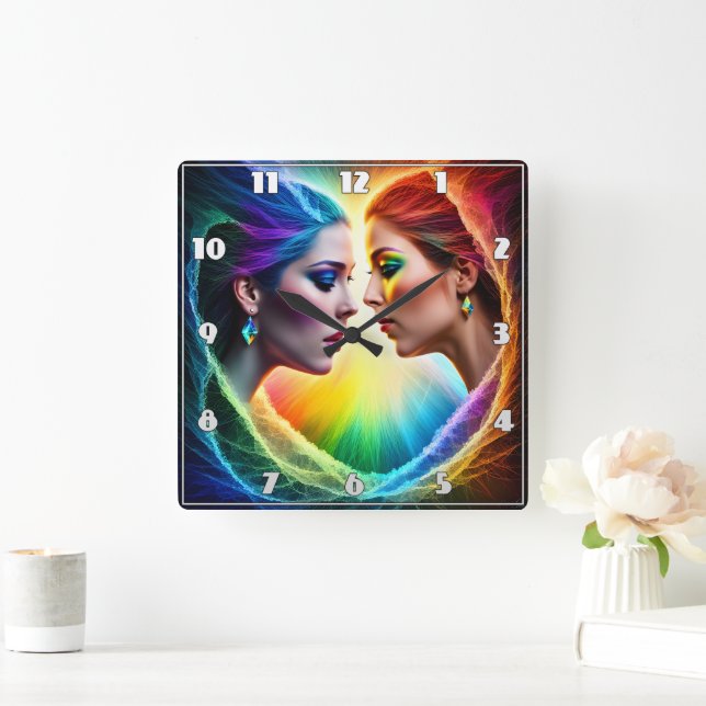 Vibrant Dual Portrait of Women in Makeup Square Wall Clock (Home)