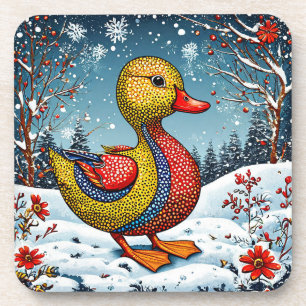 Vibrant Duck in Snowy Woodland Coaster