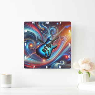 Vibrant Electric Guitar Amidst a Swirl of Abstract Square Wall Clock