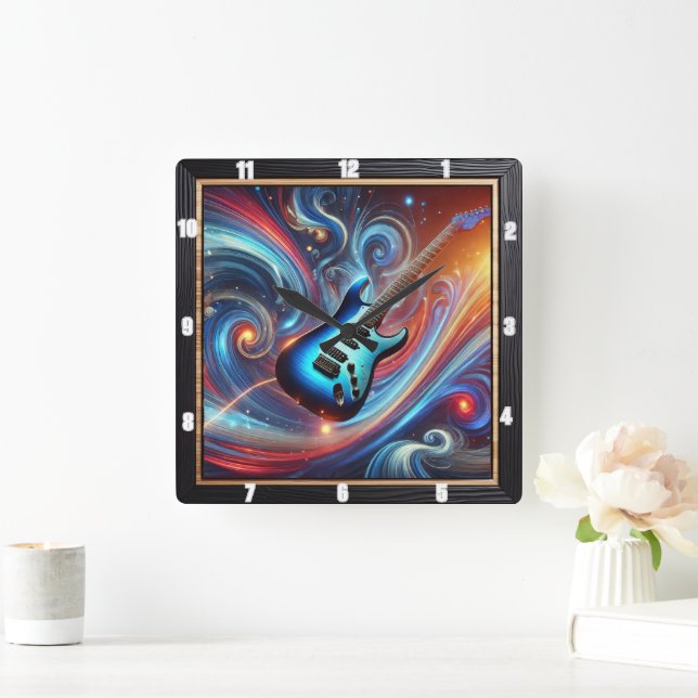 Vibrant Electric Guitar Amidst a Swirl of Abstract Square Wall Clock (Home)