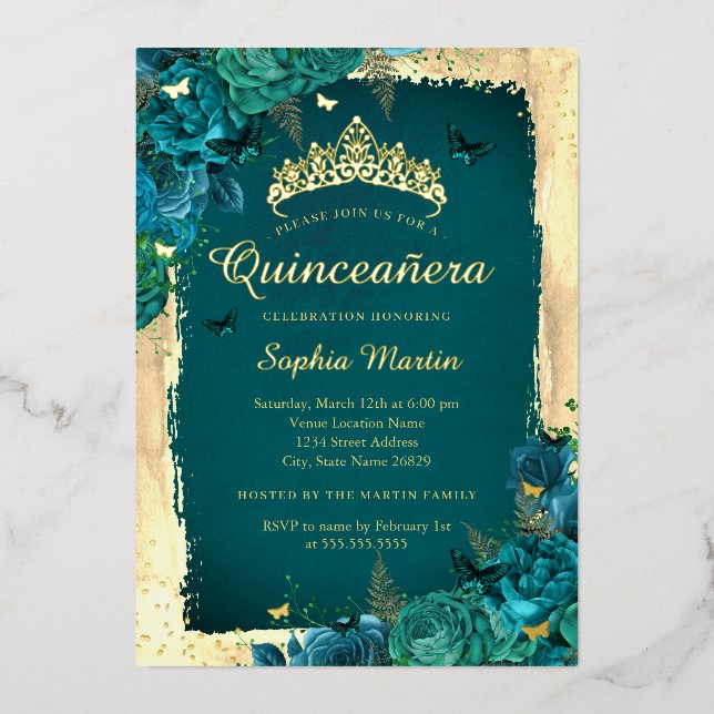 Vibrant Elegant Floral Butterfly Teal Quinceanera  (Front)