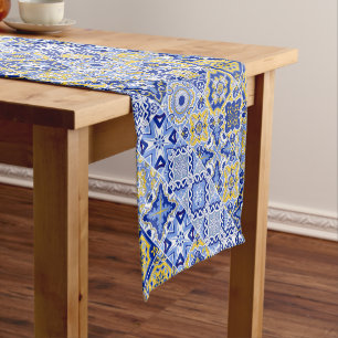 Vibrant Elegant Moroccan Blue Tile   Timeless Art Short Table Runner
