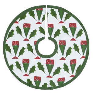 Vibrant Elegant Pattern Red Roses Green Holly Art Brushed Polyester Tree Skirt