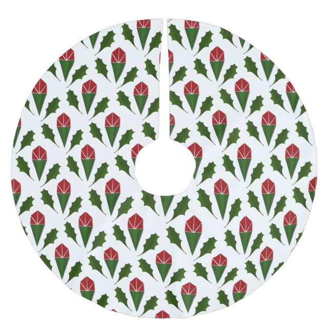 Vibrant Elegant Red Roses & Green Holly Pattern Brushed Polyester Tree Skirt (Front)