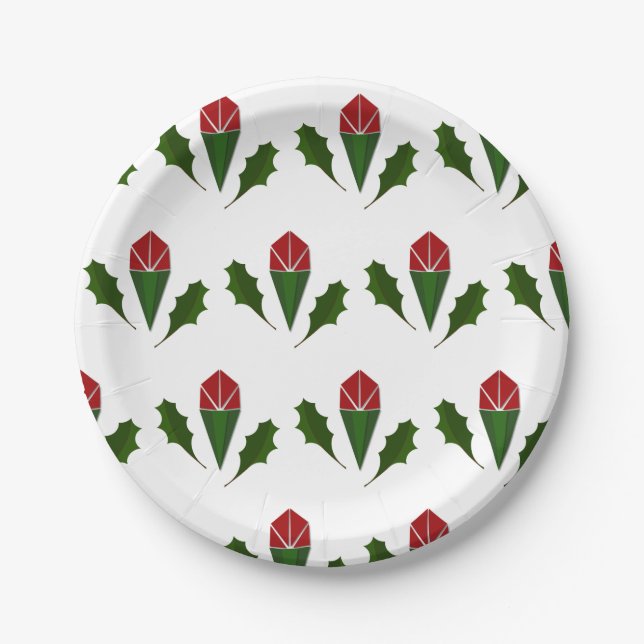 Vibrant Elegant Red Roses & Green Holly Pattern Paper Plate (Front)