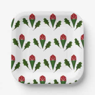 Vibrant Elegant Red Roses & Green Holly Pattern Paper Plate