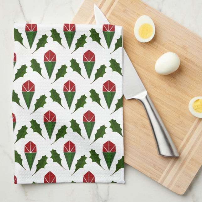 Vibrant Elegant Red Roses & Green Holly Pattern Tea Towel (Quarter Fold)
