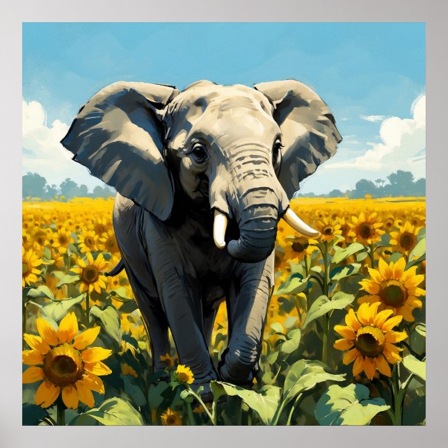 Vibrant Elephant in Sunflower Field Painting Poster (Front)