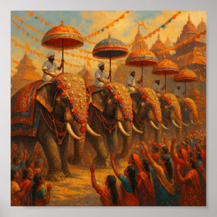 Vibrant Elephant Parade - Traditional Scene Poster