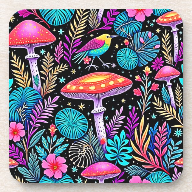 Vibrant Enchanted Forest Mushroom Artwork Coaster (Front)