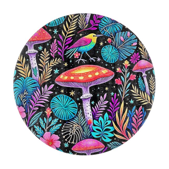Vibrant Enchanted Forest Mushroom Artwork Cutting Board (Front)
