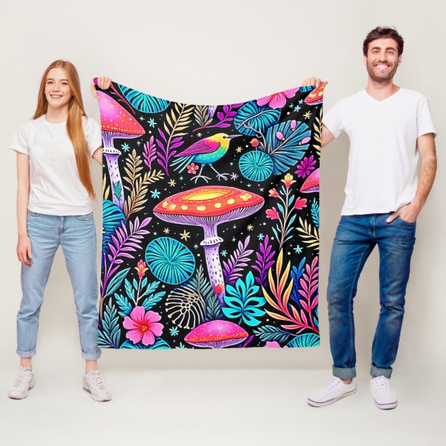 Vibrant Enchanted Forest Mushroom Artwork Fleece Blanket (In Situ)