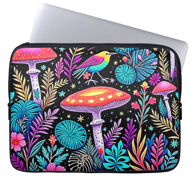 Vibrant Enchanted Forest Mushroom Artwork Laptop Sleeve (Front)
