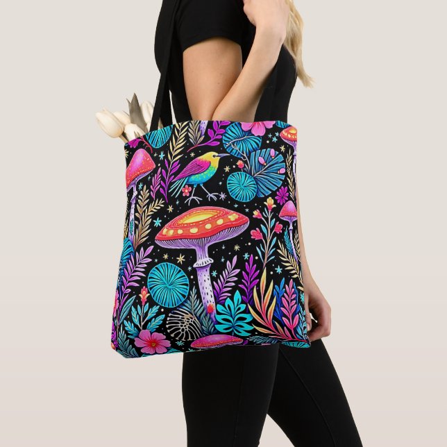 Vibrant Enchanted Forest Mushroom Artwork Tote Bag (Close Up)