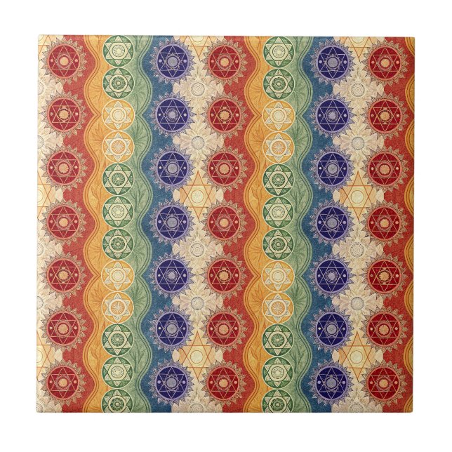 Vibrant Energy Chakra Mandala Design Pattern Art Ceramic Tile (Front)