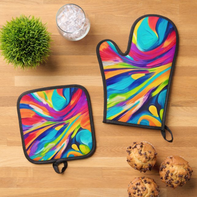 Vibrant Energy Explosion Oven Mitt & Pot Holder Set (Top Down)