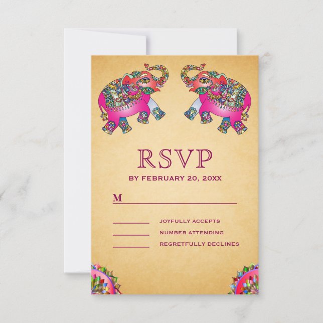 Vibrant Ethnic Elephants Indian Wedding RSVP Card (Front)