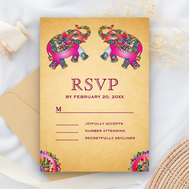 Vibrant Ethnic Elephants Indian Wedding RSVP Card (Creator Uploaded)