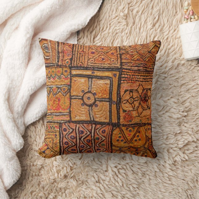 Vibrant Ethnic Indian Patchwork In Earth Tones Cushion (Blanket)