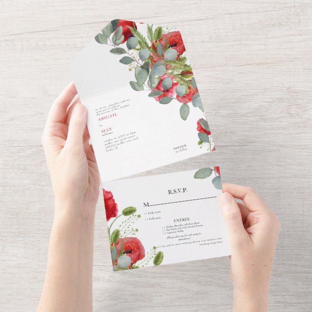 Vibrant Eucalyptus Red Floral Wedding  All In One Invitation (Tearaway)