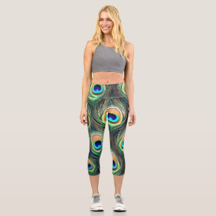 Vibrant Exotic Peacock Feather Print Capri Leggings
