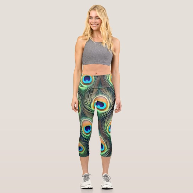 Vibrant Exotic Peacock Feather Print Capri Leggings (Front)