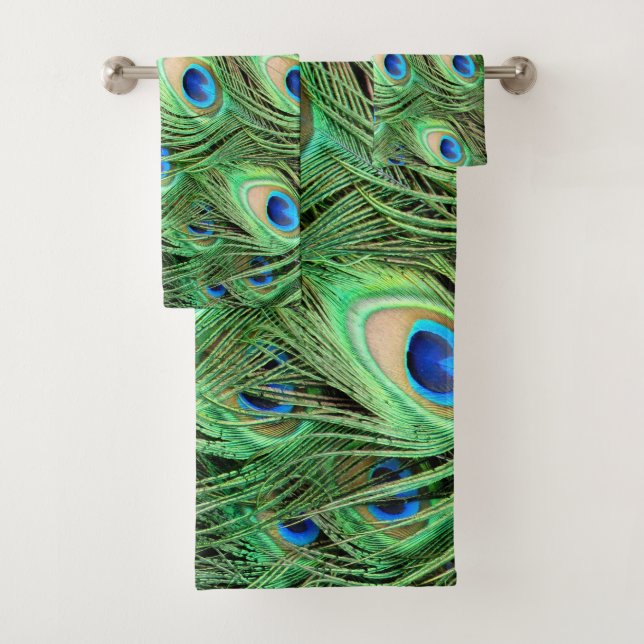 Vibrant Exotic Peacock Feathers Bath Towel Set (Insitu)