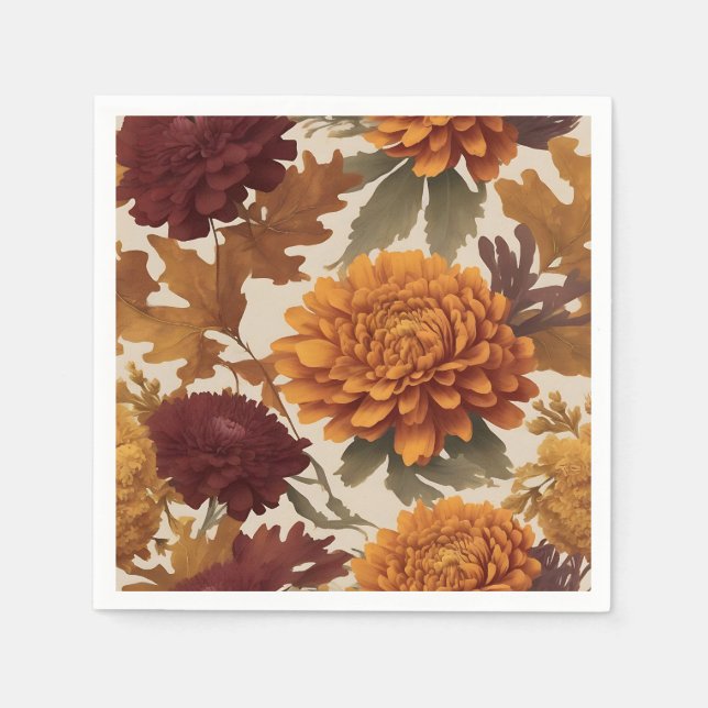 Vibrant Fall Chrysanthemums Asters and Marigolds Napkin (Front)