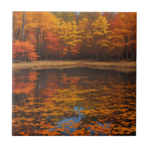Vibrant Fall Lake and Forest Ceramic Tile