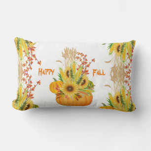 Vibrant Fall Pumpkins Watercolor Sunflowers Green Lumbar Cushion