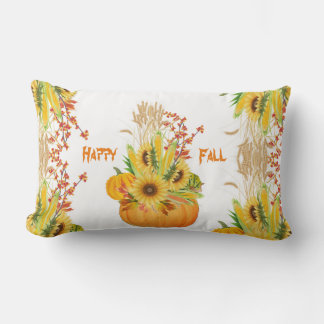 Vibrant Fall Pumpkins Watercolor Sunflowers Green Lumbar Cushion
