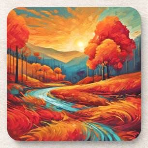 Vibrant Fall River Scene Coaster
