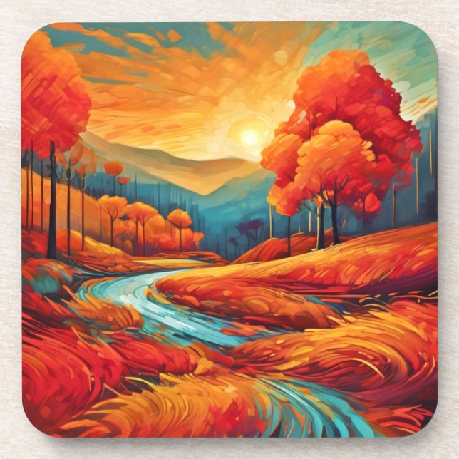 Vibrant Fall River Scene Coaster (Front)