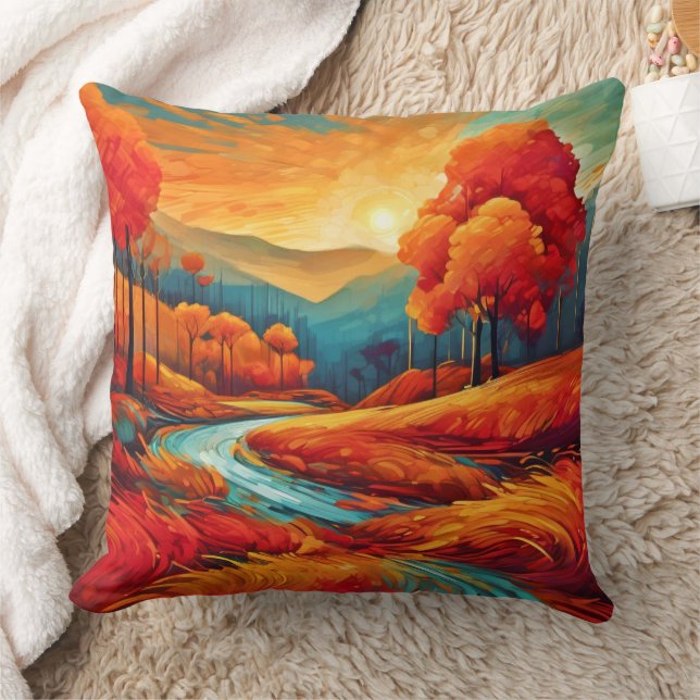 Vibrant Fall River Scene Cushion (Blanket)
