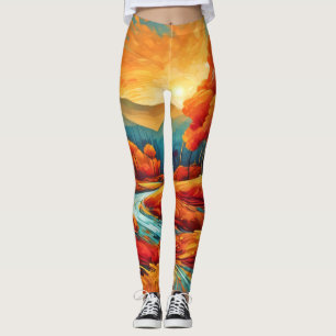 Vibrant Fall River Scene Leggings