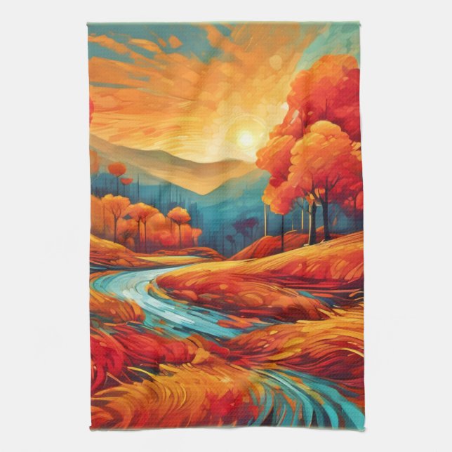 Vibrant Fall River Scene Tea Towel (Vertical)