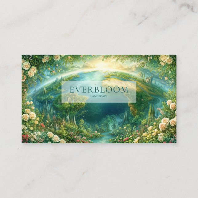 Vibrant Fantasy Earth Globe and Lush Rose Garden Business Card (Front)