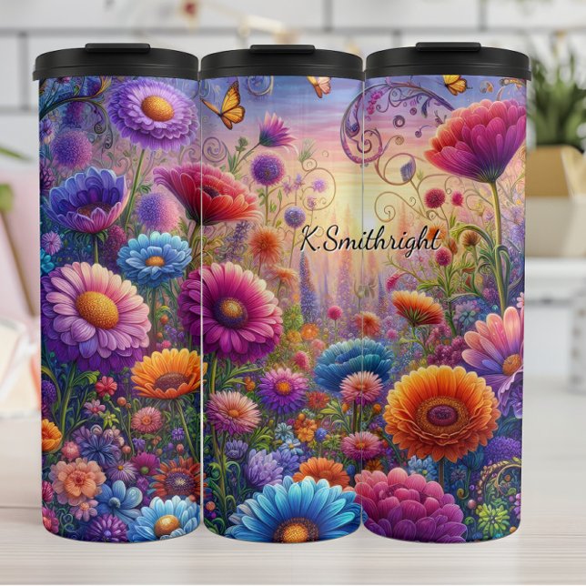 Vibrant Fantasy Flower Meadow Sunset Thermal Tumbler (Creator Uploaded)